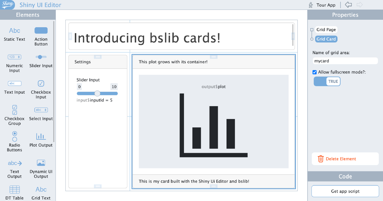 bslib cards shown inside shinyuieditor